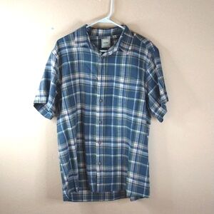 Rown Plaid Shirt Sleeve 100% Cotton Blue Green Coral Full Button Up